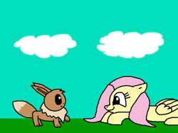 Size: 2000x1498 | Tagged: safe, artist:blazewing, derpibooru import, fluttershy, fox, pegasus, cloud, colored background, curious, drawpile, eevee, fox pokémon, lying down, newbie artist training grounds, pokémon, prone, raised paw, smiling, surprised