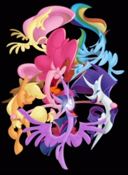 Size: 1500x2048 | Tagged: safe, artist:brdte, derpibooru import, applejack, fluttershy, pinkie pie, rainbow dash, rarity, twilight sparkle, twilight sparkle (alicorn), alicorn, earth pony, pegasus, unicorn, big hair, black background, cartoon, cartoony, exaggerated anatomy, eyes closed, female, flying, glowing eyes, group shot, impossibly long neck, mane six, mare, open mouth, simple background, spread wings, stylized, upside down, white eyes, wings