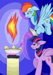 Size: 2480x3507 | Tagged: safe, artist:twidasher, derpibooru import, rainbow dash, twilight sparkle, twilight sparkle (alicorn), alicorn, pegasus, pony, boiling, cooking, duo, female, fire, flying, food, force field, french fries, frying pan, gradient background, hay fries, lesbian, magic, oil, shipping, signature, twidash