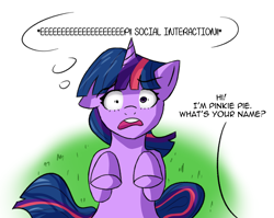 Size: 1700x1351 | Tagged: safe, artist:artiks, derpibooru import, twilight sparkle, twilight sparkle (alicorn), alicorn, unicorn, atg 2021, dialogue, grass, implied pinkie pie, nervous, newbie artist training grounds, relatable, simple background, socially awkward, thought bubble, wide eyes