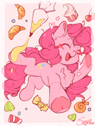 Size: 1080x1440 | Tagged: safe, artist:pkt3stptzliprff, artist:糖希, derpibooru import, pinkie pie, earth pony, pony, :3, blushing, bread, candy, cherry, chest fluff, croissant, cupcake, cute, diapinkes, ear fluff, ears, eyes closed, food, frog (hoof), frosting, happy, heart, icing bag, lollipop, open mouth, pink background, simple background, smiling, solo, sweets, underhoof