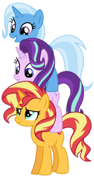 Size: 1024x1932 | Tagged: safe, artist:emeraldblast63, derpibooru import, starlight glimmer, sunset shimmer, trixie, pony, unicorn, equestria girls, female, magical trio, pony pile, simple background, teeth, tower of pony, transparent background, trio, trio female, vector, we bare bears