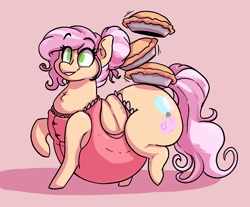 Size: 1234x1022 | Tagged: safe, artist:somefrigginnerd, derpibooru import, oc, oc only, oc:claire, earth pony, pony, apron, belly, big belly, butt freckles, clothes, earth pony oc, fat, female, food, freckles, huge belly, mare, pie, rolls of fat, solo