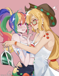 Size: 500x642 | Tagged: safe, artist:feifeiyouji, derpibooru import, applejack, rainbow dash, human, appledash, bare shoulders, female, humanized, lesbian, shipping, sleeveless, sunglasses, visor