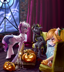 Size: 2600x2920 | Tagged: safe, artist:teaflower300, derpibooru import, oc, oc only, pegasus, pony, unicorn, bowtie, candle, chair, glasses, grin, halloween, holiday, jack-o-lantern, pumpkin, sitting, smiling