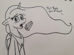 Size: 4032x3024 | Tagged: safe, artist:dark shadow, derpibooru import, princess celestia, alicorn, pony, cake, cake slice, cakelestia, caught, dialogue, food, offscreen character, open mouth, sketch, solo, traditional art