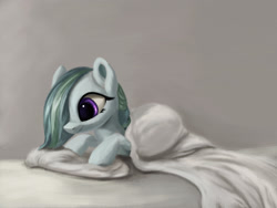 Size: 3000x2250 | Tagged: safe, artist:flusanix, derpibooru import, marble pie, earth pony, pony, blanket, female, hair over one eye, high res, lying down, mare, prone, smiling, solo