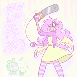 Size: 2048x2048 | Tagged: safe, artist:cheerioclarita, derpibooru import, fluttershy, spike, human, .mov, chainsaw, clothes, dialogue, dress, drugs, duo, flower, flower in hair, fluttershed, humanized, marijuana, scene interpretation, shed.mov, socks, solo focus, stoner spike, striped socks, winged humanization, wings