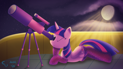 Size: 4781x2688 | Tagged: safe, artist:cosmikvek, derpibooru import, twilight sparkle, alicorn, pony, astronomy, balcony, belly button, clothes, female, horsehead nebula, lying down, mare, moon, night, one eye closed, prone, socks, solo, stargazing, stockings, telescope, thigh highs