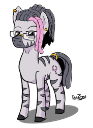 Size: 2243x3072 | Tagged: safe, artist:datzigga, derpibooru import, oc, oc only, oc:dizzy, zebra, bags under eyes, glasses, male, piercing, solo, stallion, zebra oc