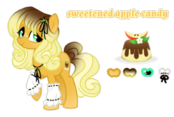 Size: 1596x1080 | Tagged: safe, artist:jvartes6112, derpibooru import, oc, oc only, oc:sweetened apple candy, earth pony, pony, earth pony oc, food, freckles, offspring, parent:applejack, parent:caramel, parents:carajack, pudding, reference sheet, simple background, smiling, solo, transparent background