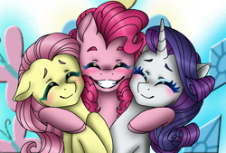 Size: 1596x1080 | Tagged: safe, artist:jvartes6112, derpibooru import, fluttershy, pinkie pie, rarity, earth pony, pegasus, pony, unicorn, blushing, bust, eyelashes, eyes closed, female, grin, horn, side hug, simple background, smiling, transparent background, trio, trio female