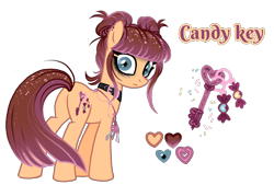 Size: 1596x1080 | Tagged: safe, artist:jvartes6112, derpibooru import, oc, oc only, oc:candy key, earth pony, pony, choker, earth pony oc, ethereal mane, eyeliner, female, heart, key, looking back, makeup, mare, offspring, parent:cheese sandwich, parent:pinkie pie, parents:cheesepie, reference sheet, simple background, solo, starry mane, transparent background