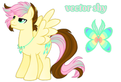 Size: 1596x1080 | Tagged: safe, artist:jvartes6112, derpibooru import, oc, oc only, oc:vector shy, butterfly, pony, jewelry, male, necklace, offspring, parent:fluttershy, parent:oc:jv6112, parents:canon x oc, simple background, smiling, solo, stallion, transparent background, wings