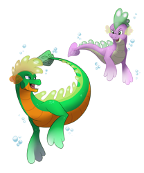 Size: 1280x1539 | Tagged: safe, artist:eternity9, derpibooru import, spike, oc, dragon, sea dragon, bubble, looking at each other, male, open mouth, simple background, species swap, spike the seadragon, swimming, transparent background