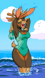 Size: 1178x2011 | Tagged: safe, artist:duragan, derpibooru import, shanty goat, goat, them's fightin' herds, arm up, balaclava, beach, brown fur, busty shanty, clothes, cloud, community related, cute, day, eyes closed, facial hair, goatee, one-piece swimsuit, open mouth, seaside, singular, splashing, summer, swimsuit, water, wave