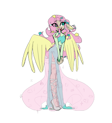 Size: 6000x6600 | Tagged: safe, artist:verryberrymochi, derpibooru import, fluttershy, anthro, human, alternate hairstyle, clothes, dress, female, flower, flower in hair, high heels, humanized, shoes, simple background, solo, transparent background, winged humanization, wings