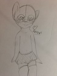 Size: 1280x1707 | Tagged: safe, artist:chyoatas, derpibooru import, oc, oc only, anthro, earth pony, blushing, clothes, crossdressing, earth pony oc, lineart, male, partial nudity, sketch, skirt, solo, stockings, thigh highs, topless, traditional art