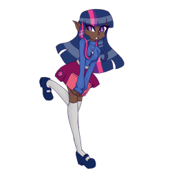 Size: 3000x3000 | Tagged: safe, artist:verryberrymochi, derpibooru import, twilight sparkle, human, belt, blackwashing, book, clothes, dark skin, elf ears, female, flats, gritted teeth, humanized, jewelry, necklace, shoes, simple background, skirt, socks, solo, stockings, sweater, thigh highs, transparent background