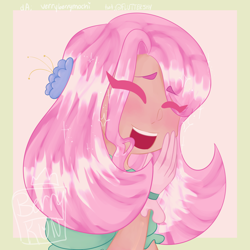 Size: 3000x3000 | Tagged: safe, artist:verryberrymochi, derpibooru import, fluttershy, human, :d, blushing, clothes, cute, dress, eyes closed, female, flower, flower in hair, gloves, humanized, laughing, open mouth, shyabetes, solo