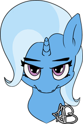 Size: 532x787 | Tagged: safe, artist:mranthony2, derpibooru import, trixie, unicorn, angry, bust, hatless, head down, looking at you, missing accessory, portrait, solo