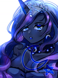 Size: 1280x1728 | Tagged: safe, artist:hanasakiyunarin, derpibooru import, princess luna, human, breasts, cleavage, crown, ear piercing, earring, horn, horned humanization, humanized, jewelry, lipstick, piercing, princess balloona, regalia, simple background, white background