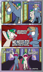 Size: 1920x3169 | Tagged: safe, artist:alexdti, derpibooru import, oc, oc only, oc:marco, oc:umberto, pony, unicorn, comic:quest for friendship, duo, duo male, high res, horn, implied twilight sparkle, male, stallion, unicorn oc