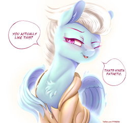 Size: 1342x1300 | Tagged: safe, artist:2fat2fly, ponybooru exclusive, fleetfoot, pegasus, pony, blushing, chest fluff, clothes, dialogue, ear fluff, ears, female, hoodie, lidded eyes, mare, one eye closed, open mouth, simple background, solo, transparent background, vector, wing hands, wings