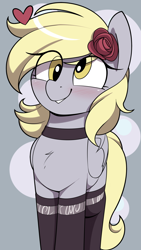 Size: 1222x2172 | Tagged: safe, artist:shinodage, derpy hooves, pegasus, pony, blushing, choker, cute, derpabetes, female, flower, flower in hair, heart, mare, rose, smiling, solo, solo female, stockings