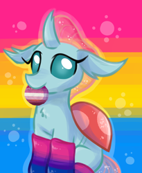 Size: 900x1100 | Tagged: safe, artist:rainbow eevee, ocellus, changedling, changeling, bisexual, cookie, digital art, female, food, lesbian, looking at you, mouth hold, mouthpiece, pansexual, pansexual pride flag, pride, pride flag, pride month, smiling, socks, solo
