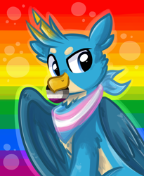 Size: 900x1100 | Tagged: safe, artist:rainbow eevee, gallus, griffon, asexual, bandana, blue eyes, cookie, cute, digital art, food, gay, gay pride, looking at you, male, mouth hold, pride, solo, transgender