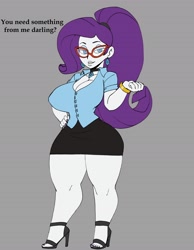 Size: 2800x3600 | Tagged: source needed, safe, alternate version, artist:darkeros13, derpibooru import, rarity, equestria girls, bedroom eyes, bracelet, breasts, choker, cleavage, clothes, ear piercing, earring, feet, female, glasses, gray background, hand on hip, high heels, jewelry, makeup, nail polish, piercing, ponytail, raritits, shoes, simple background, solo, talking