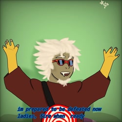 Size: 1080x1080 | Tagged: safe, artist:anha_draw, derpibooru import, discord, human, the return of harmony, green background, humanized, male, quote, scene interpretation, signature, simple background, solo, sunglasses, target, white hair