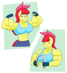 Size: 1640x1802 | Tagged: safe, artist:matchstickman, derpibooru import, apple bloom, anthro, earth pony, abs, apple bloom's bow, apple bloomed, apple brawn, art trade, bending, biceps, bow, breasts, clothes, deltoids, eyes closed, female, fingerless gloves, flexing, flexing muscles, gloves, gritted teeth, hair bow, jeans, looking at you, mare, matchstickman's apple brawn series, muscles, muscular female, older, older apple bloom, pants, pecs, solo, sports bra