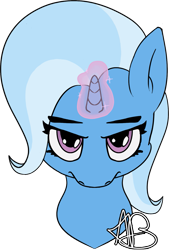 Size: 1063x1574 | Tagged: safe, alternate version, artist:mranthony2, derpibooru import, trixie, unicorn, angry, bust, hatless, head down, looking at you, magic, magic aura, missing accessory, portrait, solo