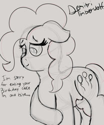 Size: 3000x3600 | Tagged: safe, artist:demitri, derpibooru import, pinkie pie, pony, ears, female, floppy ears, looking away, mare, newbie artist training grounds, sketch, solo, speech, tail between legs, talking, text