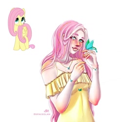 Size: 1080x1080 | Tagged: safe, artist:spaceelan, derpibooru import, fluttershy, butterfly, human, pegasus, pony, my little pony: the movie, blushing, clothes, cute, duo, female, humanized, jewelry, mare, necklace, shyabetes, signature, simple background, smiling, white background, wings