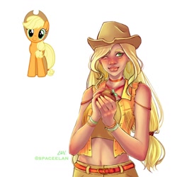 Size: 1080x1080 | Tagged: safe, artist:spaceelan, derpibooru import, applejack, earth pony, human, pony, applejack's hat, blushing, choker, clothes, cowboy hat, duo, female, freckles, hat, humanized, mare, one eye closed, signature, simple background, smiling, white background, wink