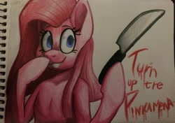 Size: 1280x900 | Tagged: safe, artist:marshaxmarshmallow, derpibooru import, pinkie pie, earth pony, pony, fanfic:cupcakes, colored, female, knife, looking at you, pinkamena diane pie, smiling, smiling at you, text, traditional art, yandere, yandere pie