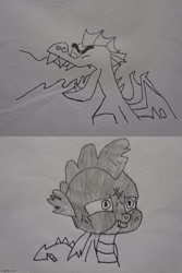 Size: 500x750 | Tagged: safe, alternate version, artist:spikeabuser, derpibooru import, garble, spike, dragon, sweet and smoky, abuse, black and white, burned, drawing, fire, grayscale, male, monochrome, op is a cuck, op is an artistic duck, scene interpretation, spikeabuse