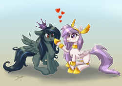 Size: 3508x2480 | Tagged: safe, artist:dandy, derpibooru import, oc, oc only, oc:athena (shawn keller), oc:lustrous (shawn keller), pegasus, pony, :p, boop, crown, cute, duo, duo female, female, guardians of pondonia, heart, high res, jewelry, mare, newbie artist training grounds, ocbetes, regalia, sitting, tongue, tongue out