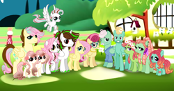 Size: 1488x785 | Tagged: safe, artist:jvartes6112, derpibooru import, fluttershy, gentle breeze, posey shy, tree hugger, zephyr breeze, oc, oc:dream hug, oc:felice, oc:jonathan shy, oc:jv6112, oc:merida shy, oc:vector shy, alicorn, earth pony, pegasus, pony, alicorn oc, building, canon x oc, clothes, colt, female, filly, floral head wreath, flower, flying, glasses, horn, male, mare, offspring, outdoors, parent:fluttershy, parent:oc:jv6112, parent:tree hugger, parent:zephyr breeze, parents:canon x oc, parents:zephyrhugger, pegasus oc, shipping, shys, smiling, stallion, straight, wings, zephyrhugger