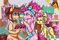 Size: 1596x1080 | Tagged: safe, artist:jvartes6112, derpibooru import, cheese sandwich, li'l cheese, pinkie pie, oc, oc:candy key, earth pony, pony, apron, cake, clothes, collar, colt, eyes closed, family, female, filly, food, indoors, kitchen, licking, licking lips, male, mare, naked apron, offspring, parent:cheese sandwich, parent:pinkie pie, parents:cheesepie, smiling, stallion, tongue, tongue out, tray