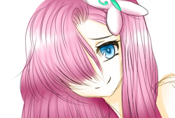 Size: 798x540 | Tagged: safe, artist:jvartes6112, derpibooru import, fluttershy, human, bust, female, hair over one eye, hairclip, humanized, simple background, smiling, solo, white background