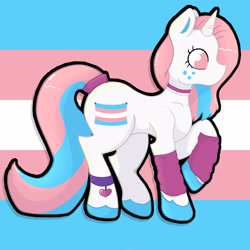 Size: 2828x2828 | Tagged: safe, artist:dusty honey, derpibooru import, oc, oc only, oc:star smooch, pony, unicorn, arm warmers, choker, clothes, female, high res, horn, leg warmers, mare, pride, pride flag, pride ponies, simple background, solo, transgender pride flag