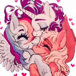 Size: 2048x2048 | Tagged: safe, artist:wiccafruit, derpibooru import, applejack, rainbow dash, rarity, earth pony, pegasus, pony, unicorn, blushing, eyebrows, eyelashes, eyes closed, female, hat, heart, high res, hug, lesbian, mare, marker drawing, nuzzling, polyamory, rarijackdash, shiny hair, shipping, smiling, spread wings, traditional art, unshorn fetlocks, wings