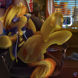 Size: 1000x1000 | Tagged: safe, artist:brainiac, artist:captainhoers, derpibooru import, spitfire, oc, oc:atom smasher, oc:whiskey lullaby, pegasus, pony, fallout equestria, ask firestarter spitfire, book, cellphone, chair, clothes, computer, computer chair, digital painting, farris buellers day off, female, frog (hoof), gift art, hooves, mare, movie reference, phone, scene interpretation, solo, sunglasses, towel, underhoof