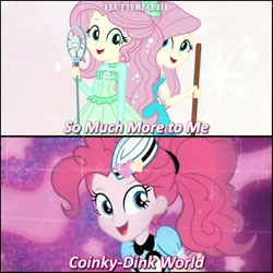 Size: 1080x1080 | Tagged: safe, derpibooru import, edit, edited screencap, editor:flutteriaeth, screencap, fluttershy, pinkie pie, better together, coinky-dink world, eqg summertime shorts, equestria girls, so much more to me, broom, clothes, cute, cutie mark, cutie mark on clothes, diapinkes, female, geode of fauna, jewelry, magical geodes, microphone, microphone stand, necklace, open mouth, self paradox, shyabetes, smiling