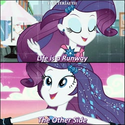 Size: 1080x1080 | Tagged: safe, derpibooru import, edit, edited screencap, editor:flutteriaeth, screencap, bulk biceps, rarity, better together, equestria girls, life is a runway, rainbow rocks, the other side, bare shoulders, cute, eyes closed, female, hairpin, male, open mouth, raribetes, sleeveless, smiling, strapless