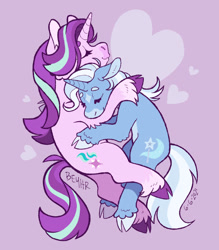 Size: 830x948 | Tagged: safe, artist:beyhr, derpibooru import, starlight glimmer, trixie, goat, pony, unicorn, beanbrows, blaze (coat marking), cloven hooves, coat markings, cuddling, eyes closed, female, heart, heart background, hug, lesbian, pink background, quadrupedal, shipping, signature, simple background, socks (coat marking), species swap, startrix, unshorn fetlocks